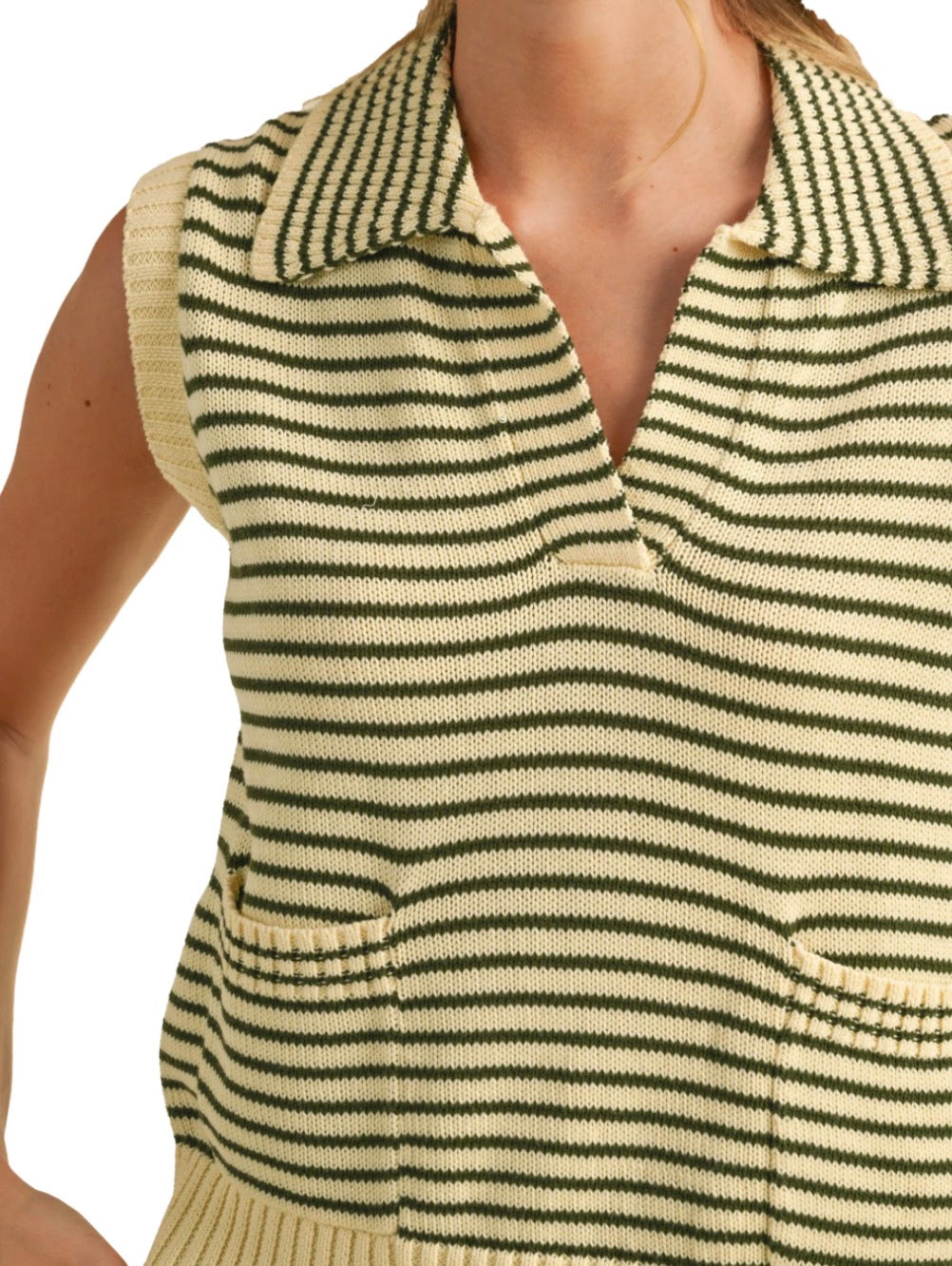 Heyson sleeveless, olive and cream striped knit sweater (3x)
