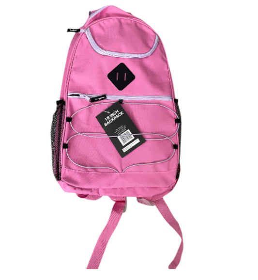 Pink 18-inch backpack with bungee cords and mesh side pockets.