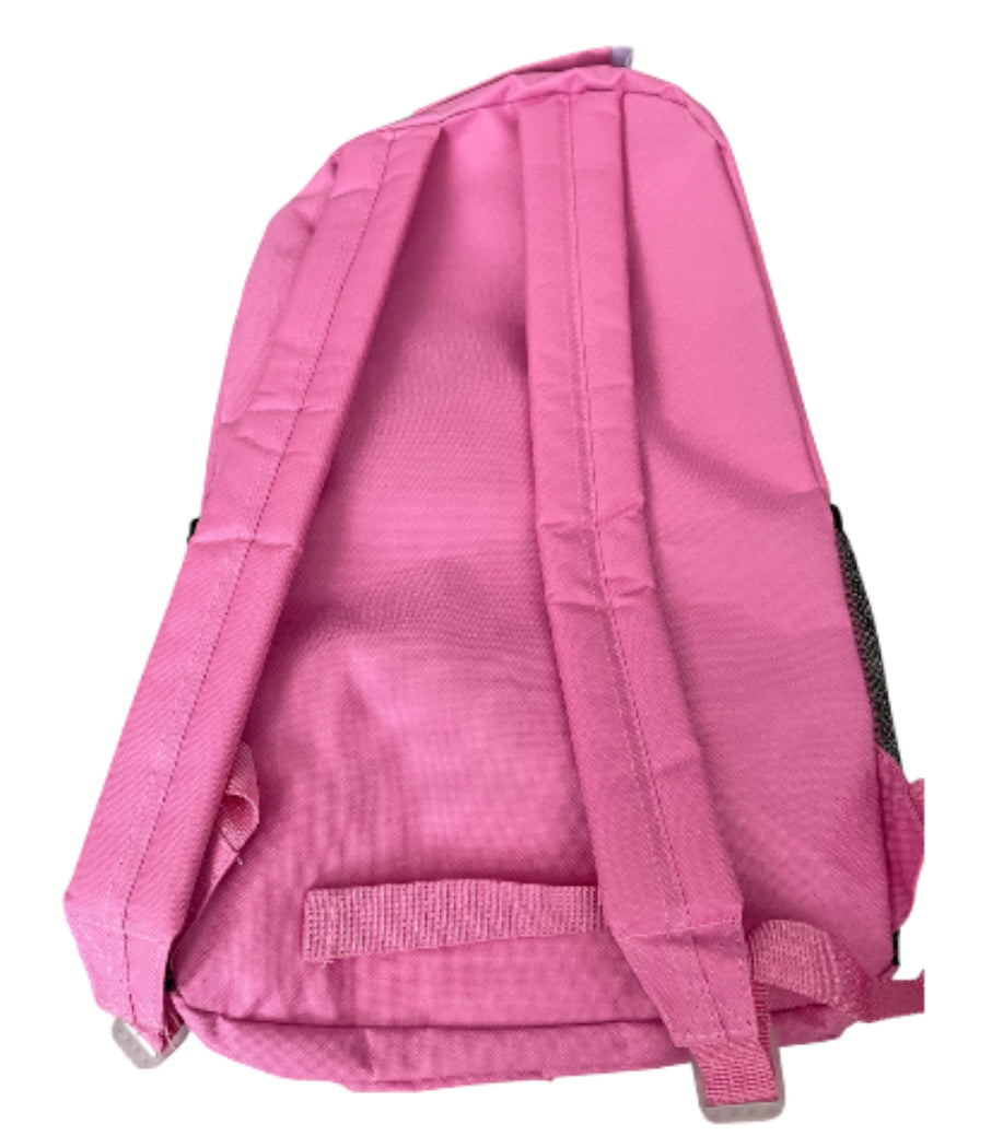 Pink 18-inch backpack with bungee cords and mesh side pockets.