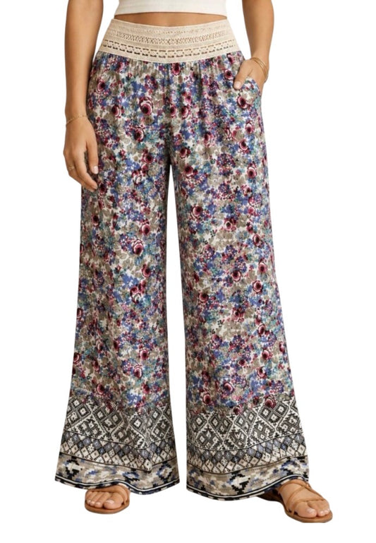 Hayden Los Angeles Boho Floral Wide-Leg Flowy Pants (Medium)