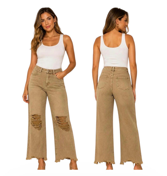 Zenana Camel Distressed Wide Leg Crop Jeans (31)
