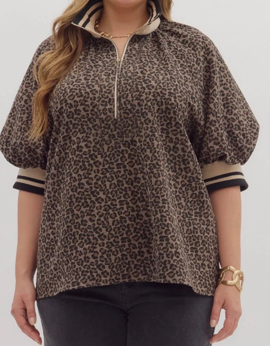 Entro Mocha Leopard Pattern Short Puff Sleeve Half-Zip Top (X-Large)