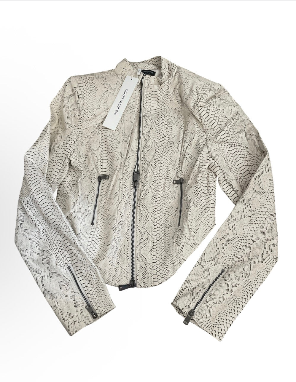 Naked Wardrobe snakeskin-print cropped moto jacket with an asymmetrical hem (X-Large)