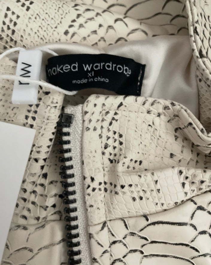 Naked Wardrobe snakeskin-print cropped moto jacket with an asymmetrical hem (X-Large)