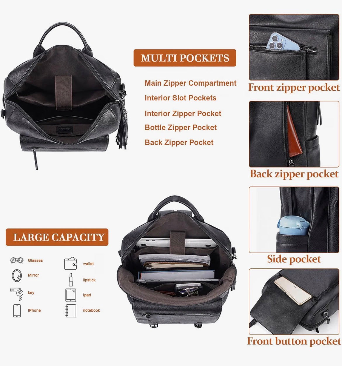 Caitina Black Leather Backpack Purse