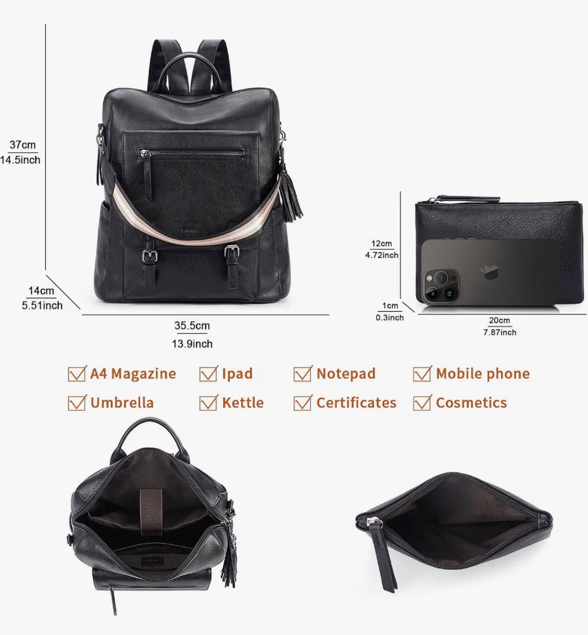 Caitina Black Leather Backpack Purse