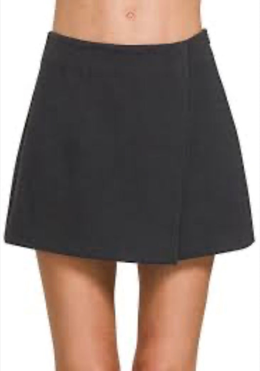 Zenana Wrap Front Skort in solid black.(Small)