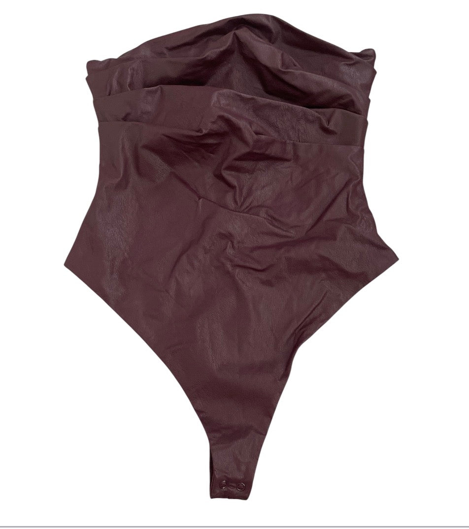 Naked Wardrobe Pleated Strapless Faux Leather Burgundy Bodysuit (Large)
