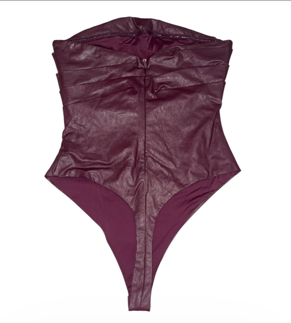Naked Wardrobe Pleated Strapless Faux Leather Burgundy Bodysuit (Large)