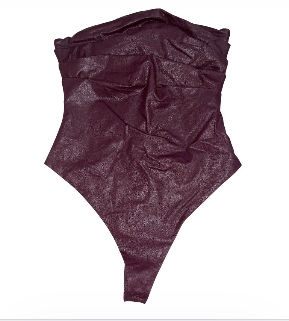 Naked Wardrobe Pleated Strapless Faux Leather Burgundy Bodysuit (Large)