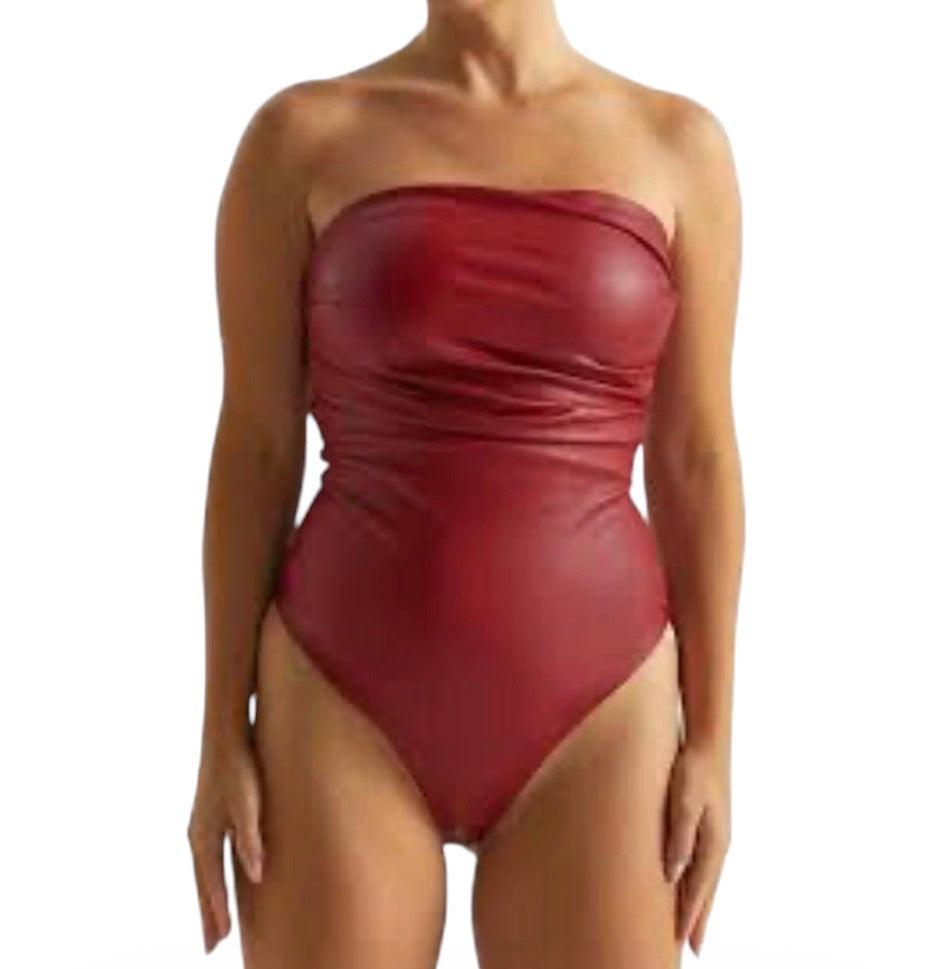 Naked Wardrobe Pleated Strapless Faux Leather Burgundy Bodysuit (Large)