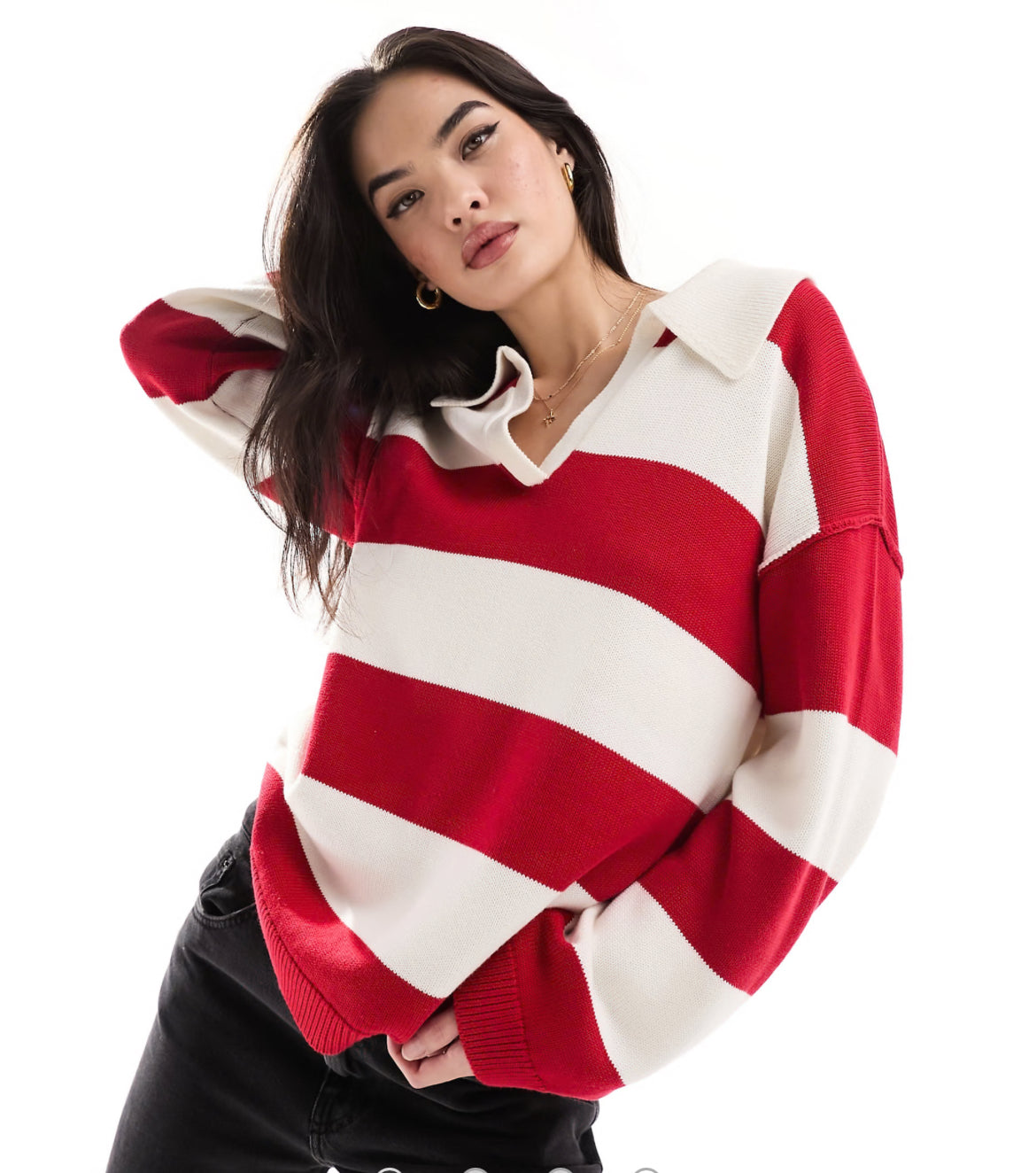 Polygram Knitted Oversized Rugby Polo Shirt in Red Stripe (1X)