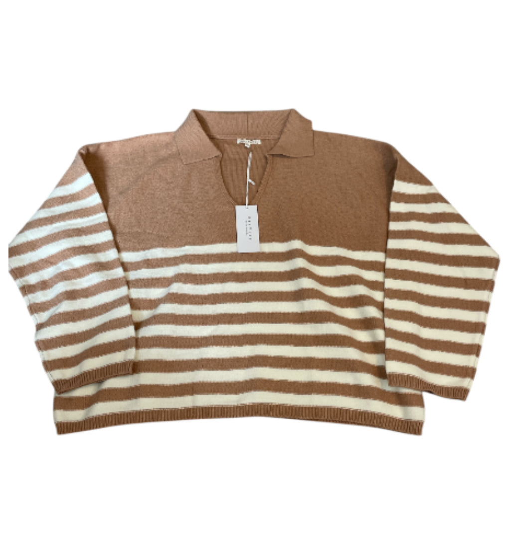 Baevely Knitted Oversized Cropped Rugby Polo Sweater in Khaki Stripe (1X)