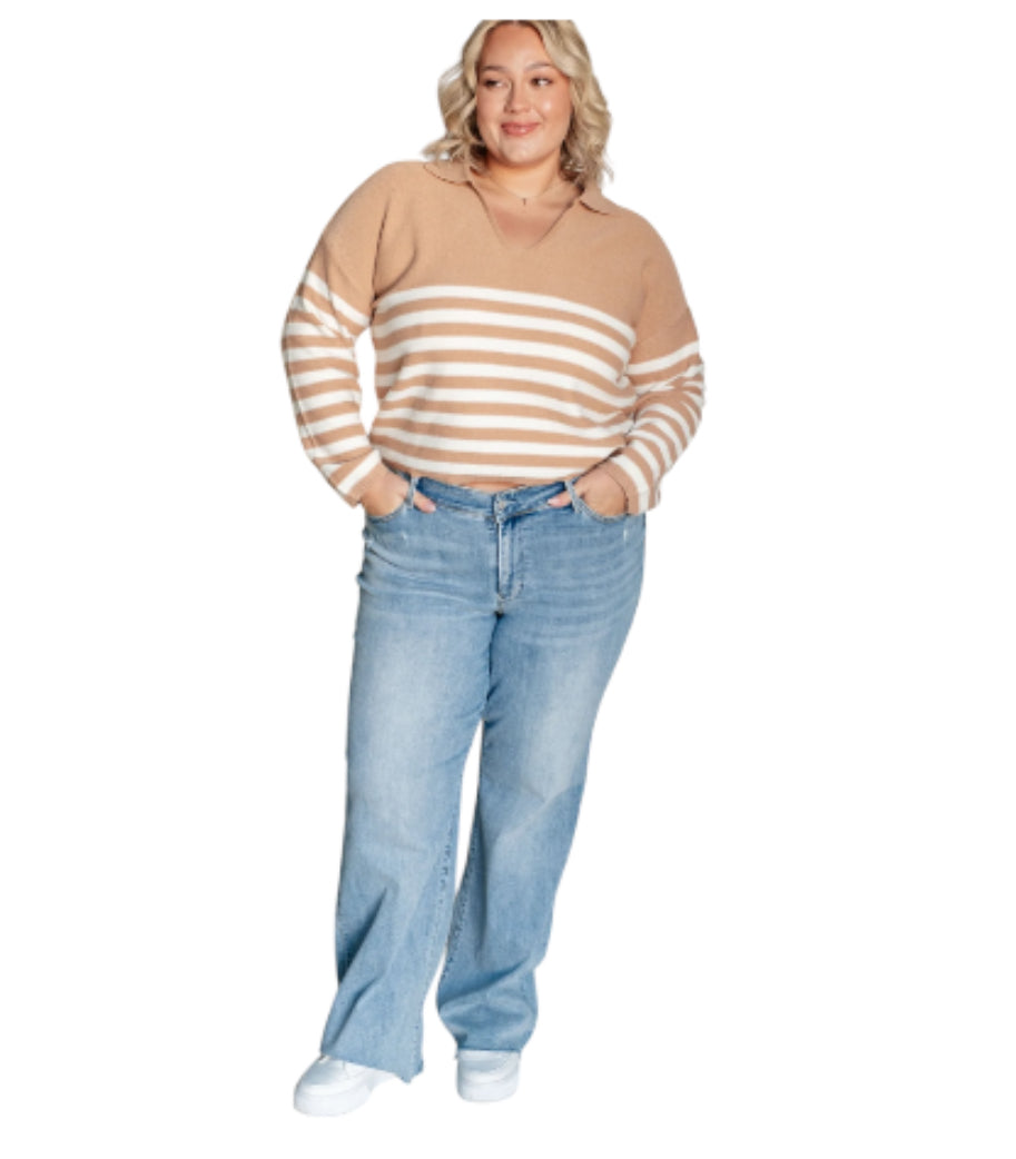 Baevely Knitted Oversized Cropped Rugby Polo Sweater in Khaki Stripe (1X)