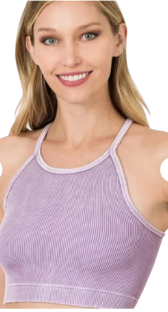 Zenana Padded Mineral Washed Ribbed Cropped Tank Top