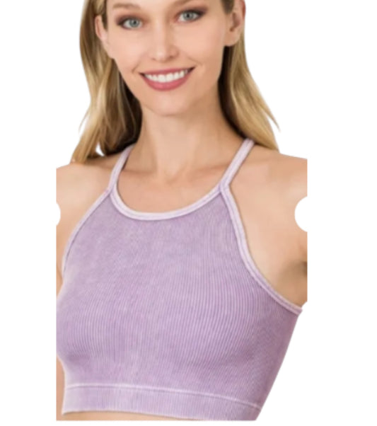 Zenana Padded Mineral Washed Ribbed Cropped Tank Top