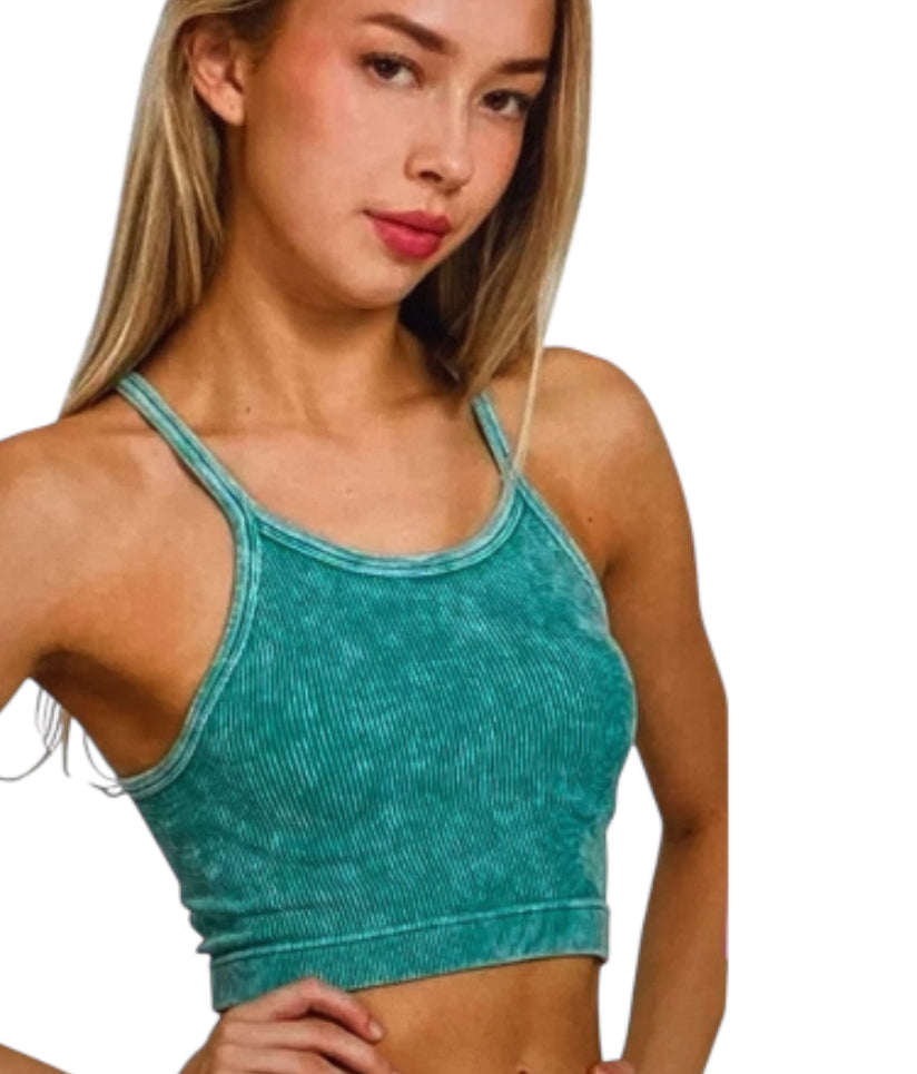 Zenana Padded Mineral Washed Ribbed Cropped Tank Top (Small/Medium)