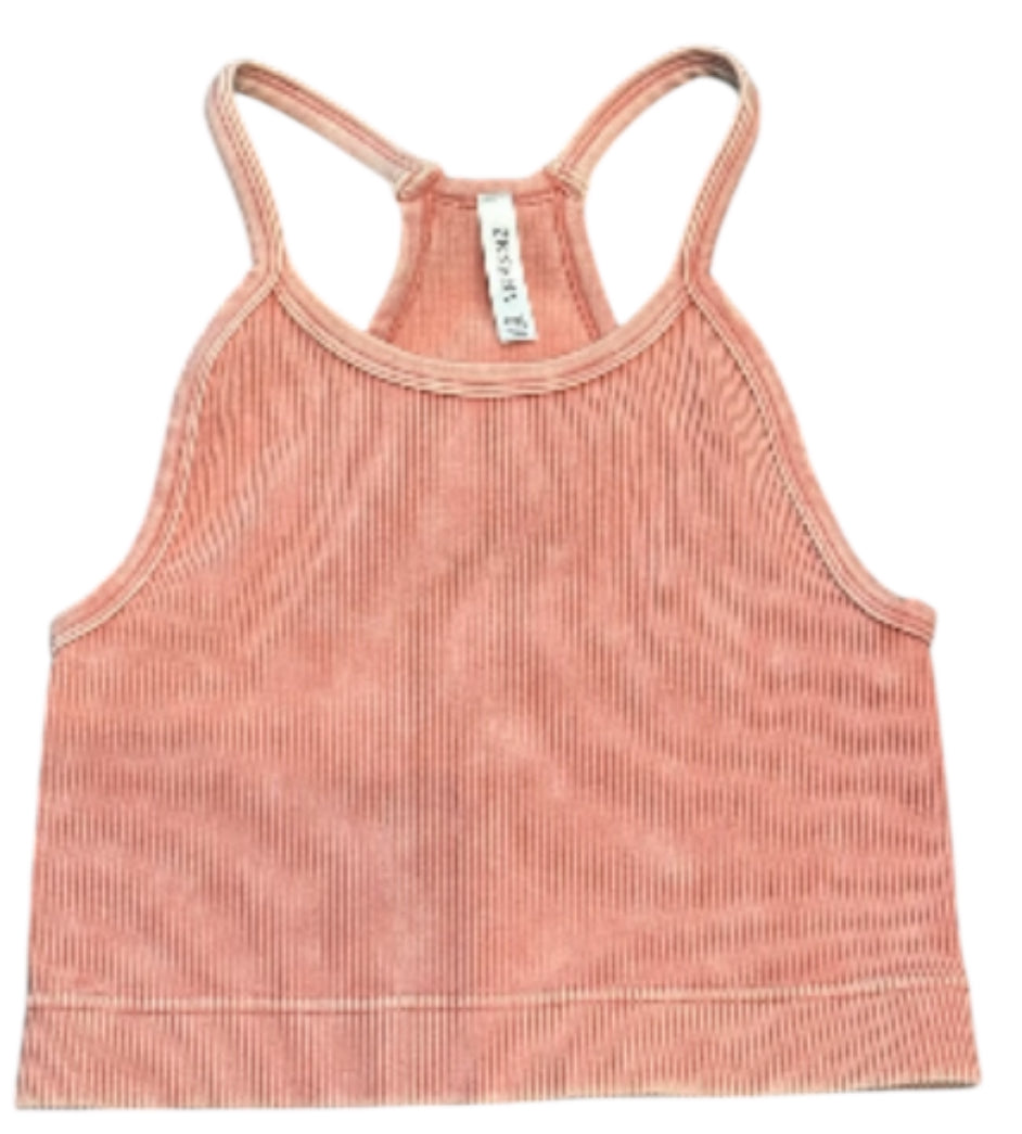Zenana Padded Mineral Washed Ribbed Sports Bra (Large/X-Large)