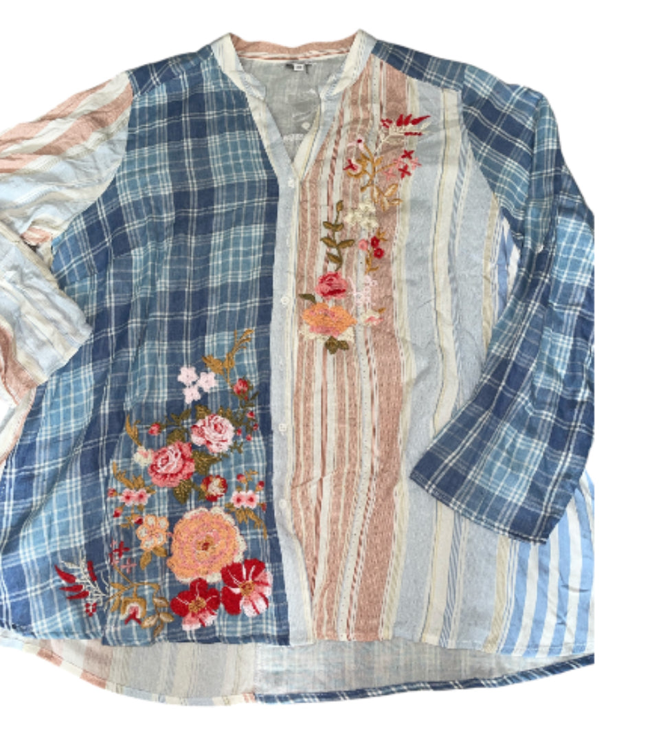 Angel Heart Patchwork Button Down Shirt (2x)