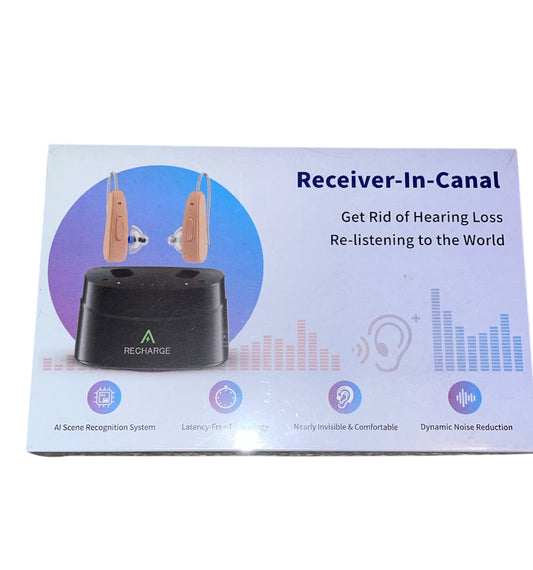 Aimsumy M2219 rechargeable beige Receiver-In-Canal (RIC) hearing aids.