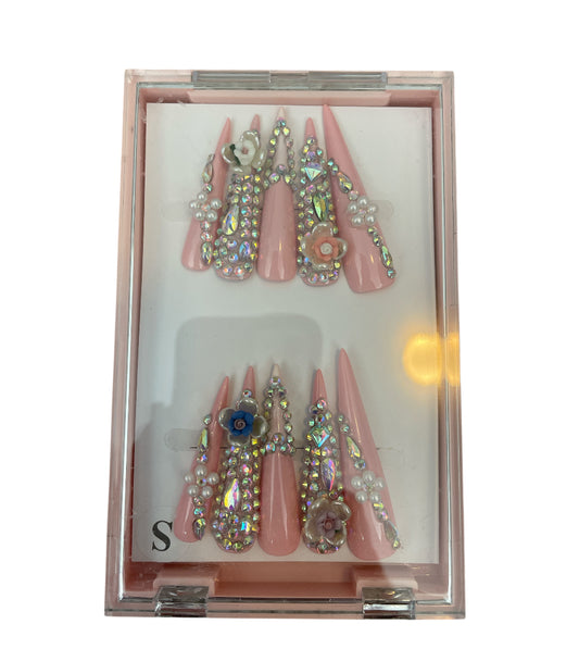 Elegant Pink Embellished Long Stiletto Press-on Nails