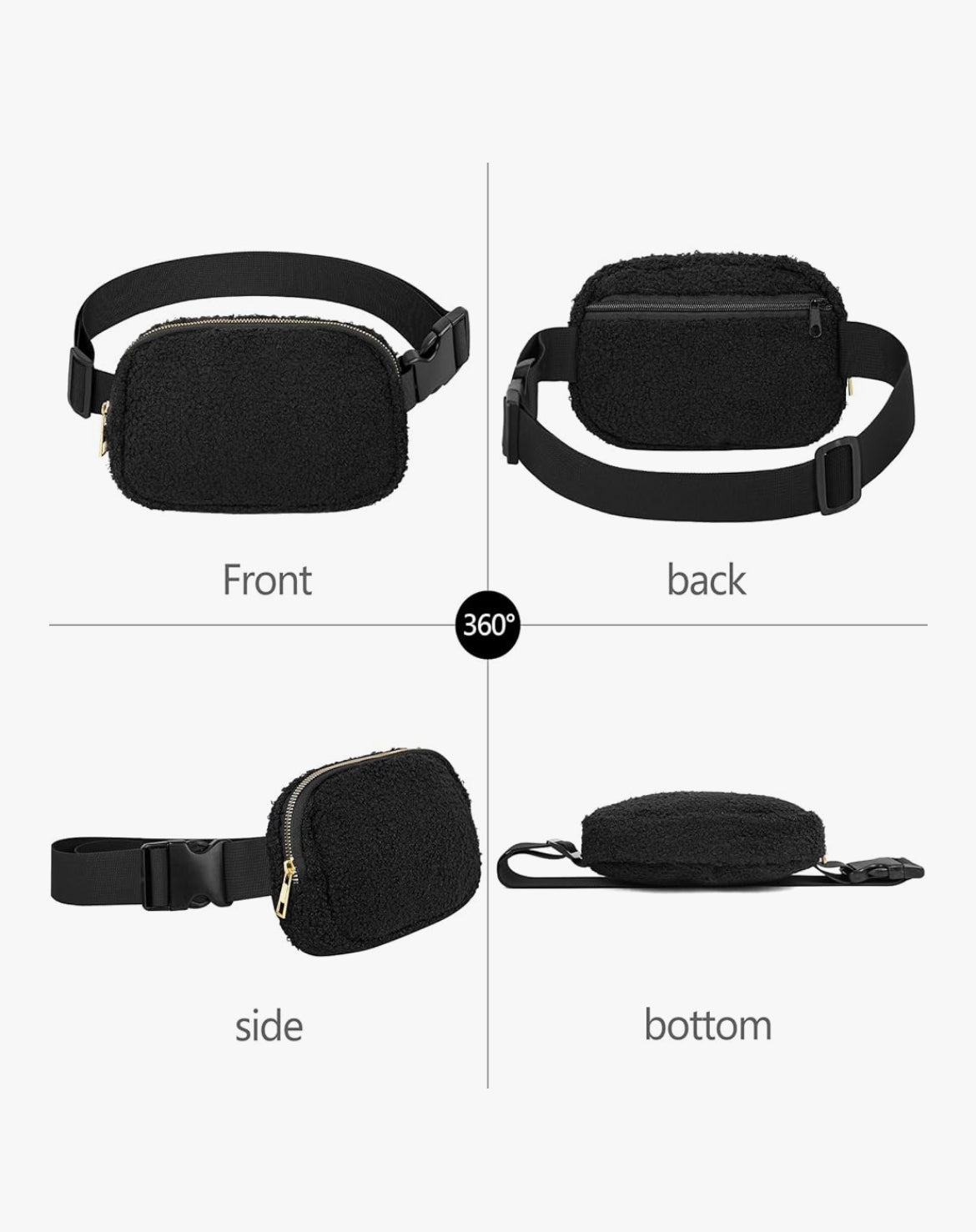 Fleece Black Crossbody Bag with Adjustable Strap