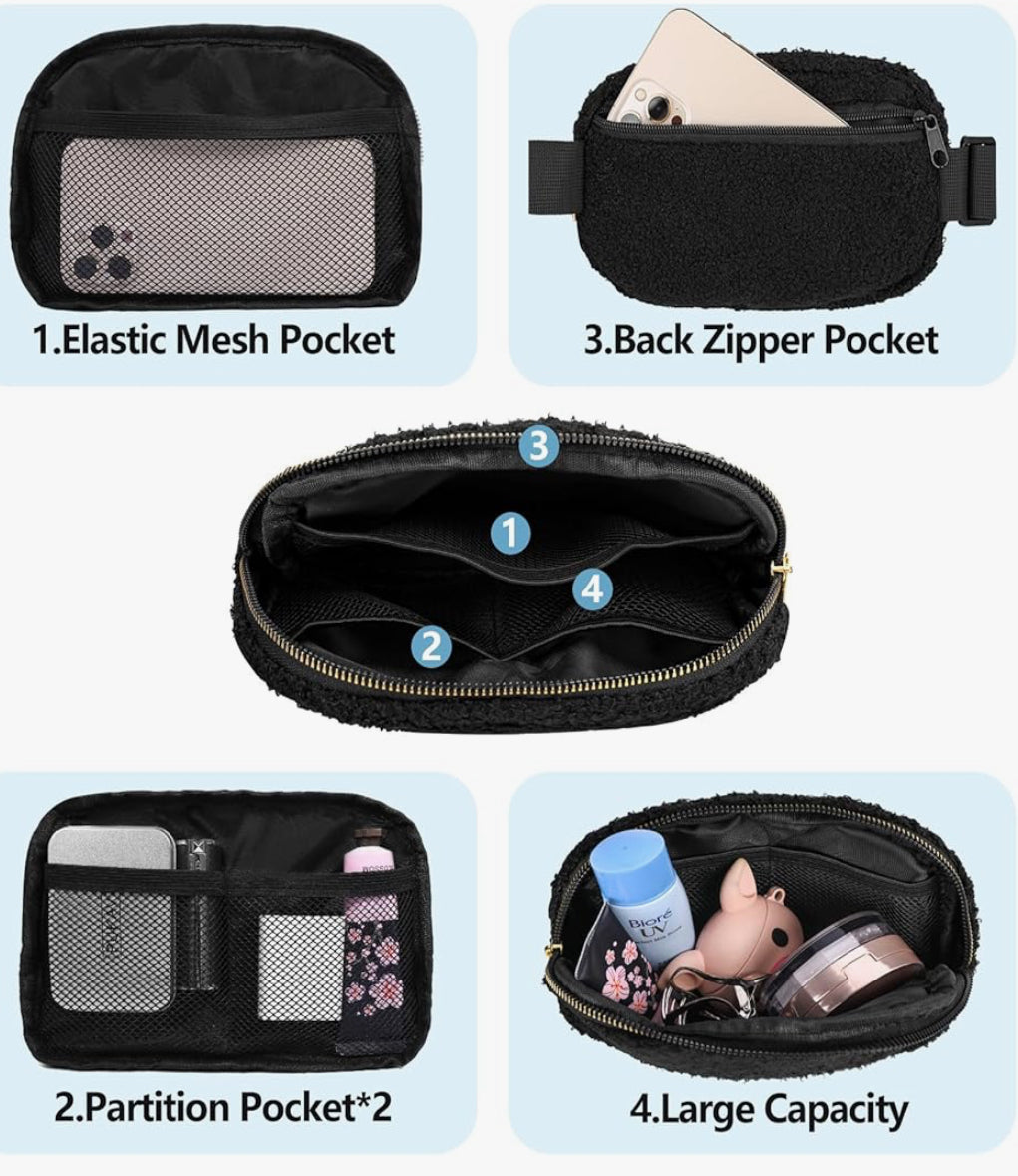 Fleece Black Crossbody Bag with Adjustable Strap