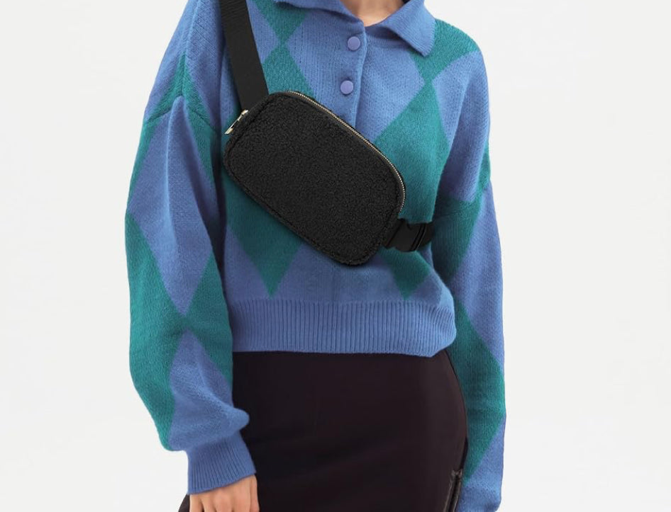 Fleece Black Crossbody Bag with Adjustable Strap