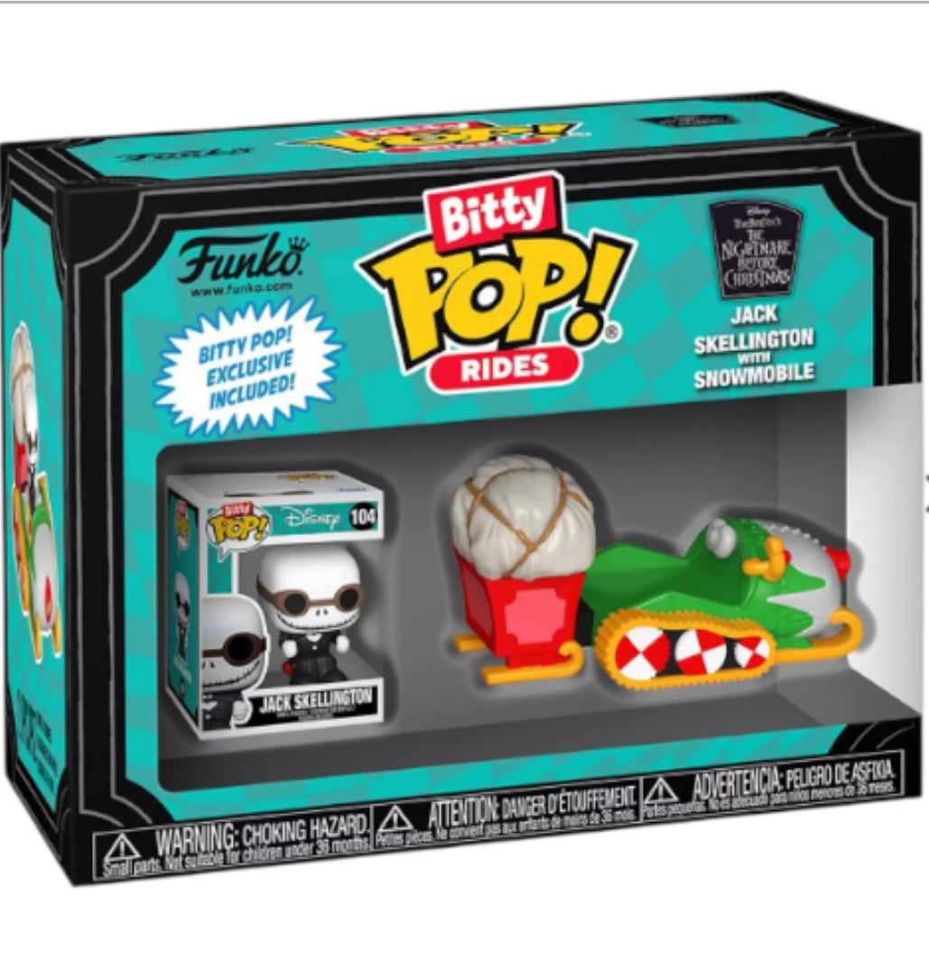 Funko Bitty Pop! Rides: Jack Skellington with Snowmobile collectible set.