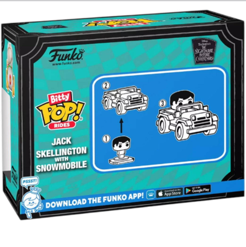 Funko Bitty Pop! Rides: Jack Skellington with Snowmobile collectible set.