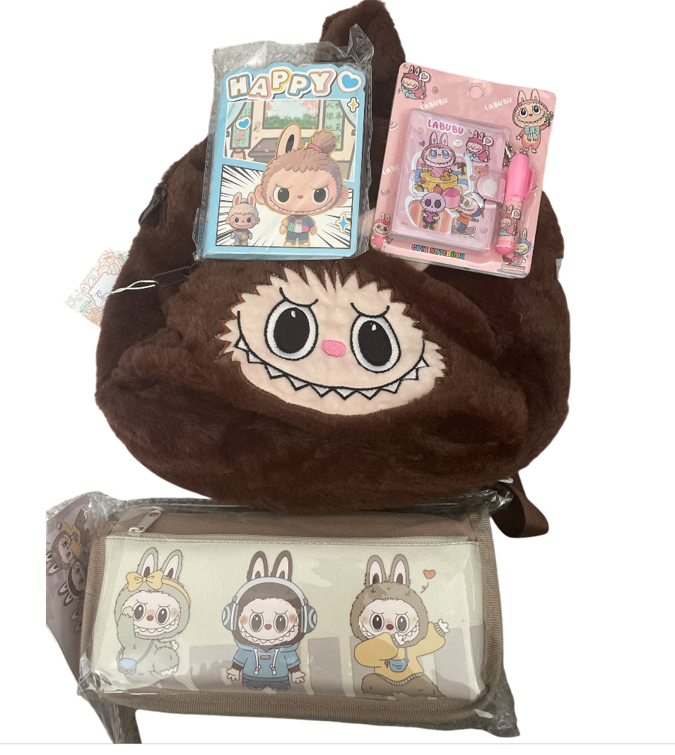 Little Monster Labubu Brown Plush Backpack + Accessories