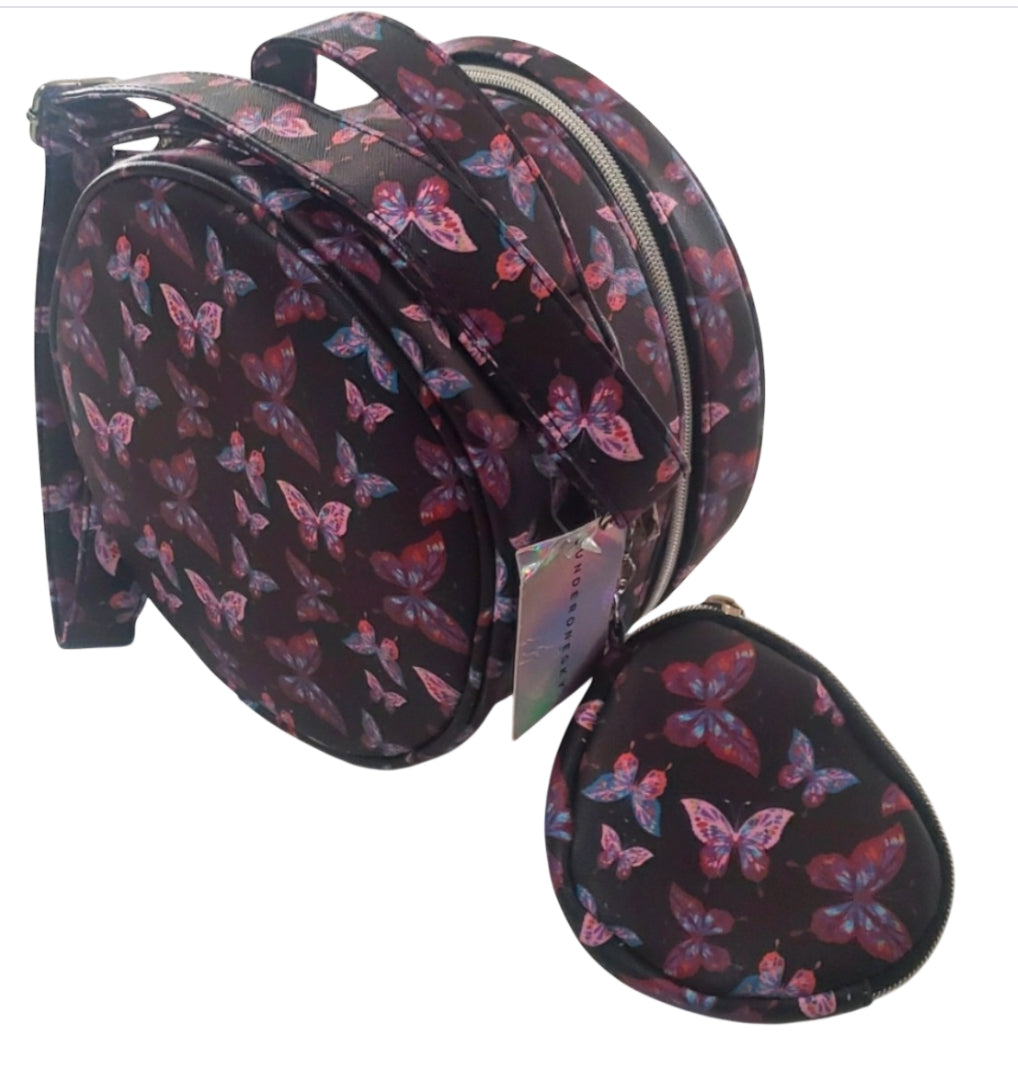 Under One Sky Butterfly Round Train Case Style Crossbody Bag