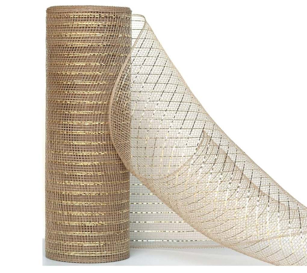 Koopi Deco Mesh, Set of 2 Tan Burlap with Champagne Metallic Foil