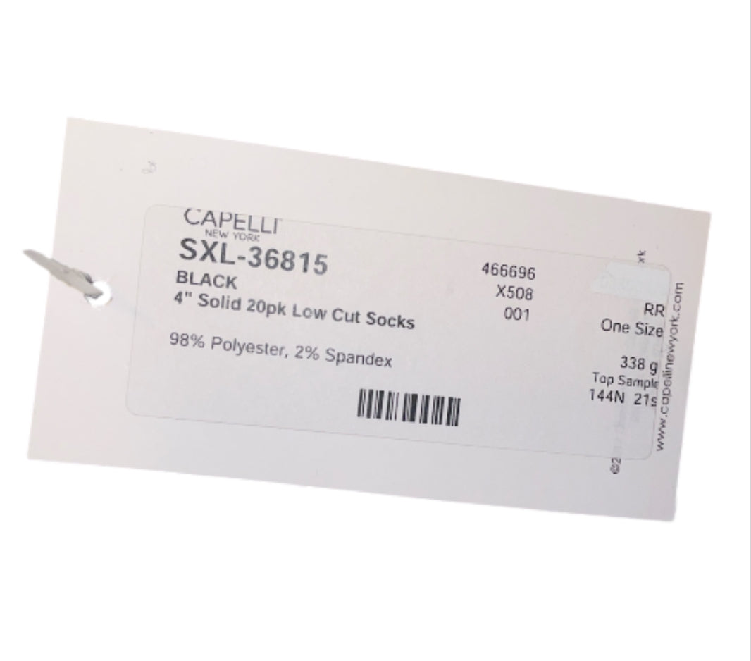 Capelli 4" Solid 20pk Low Cut Black Socks