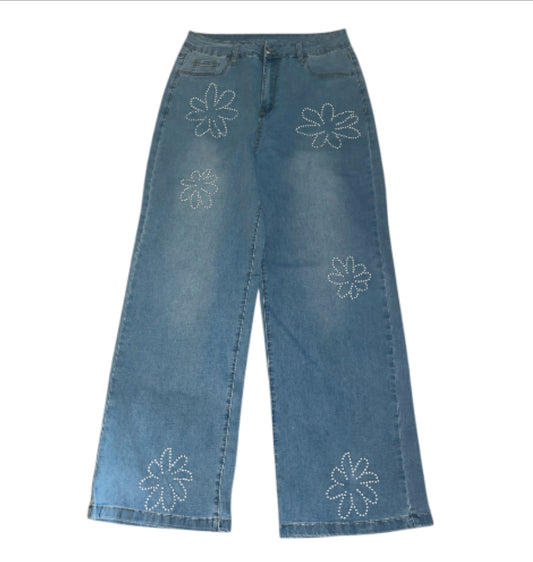 Tris Chic Light Blue Floral Rhinestone Decor High Rise Wide Leg Jeans (X-Large)