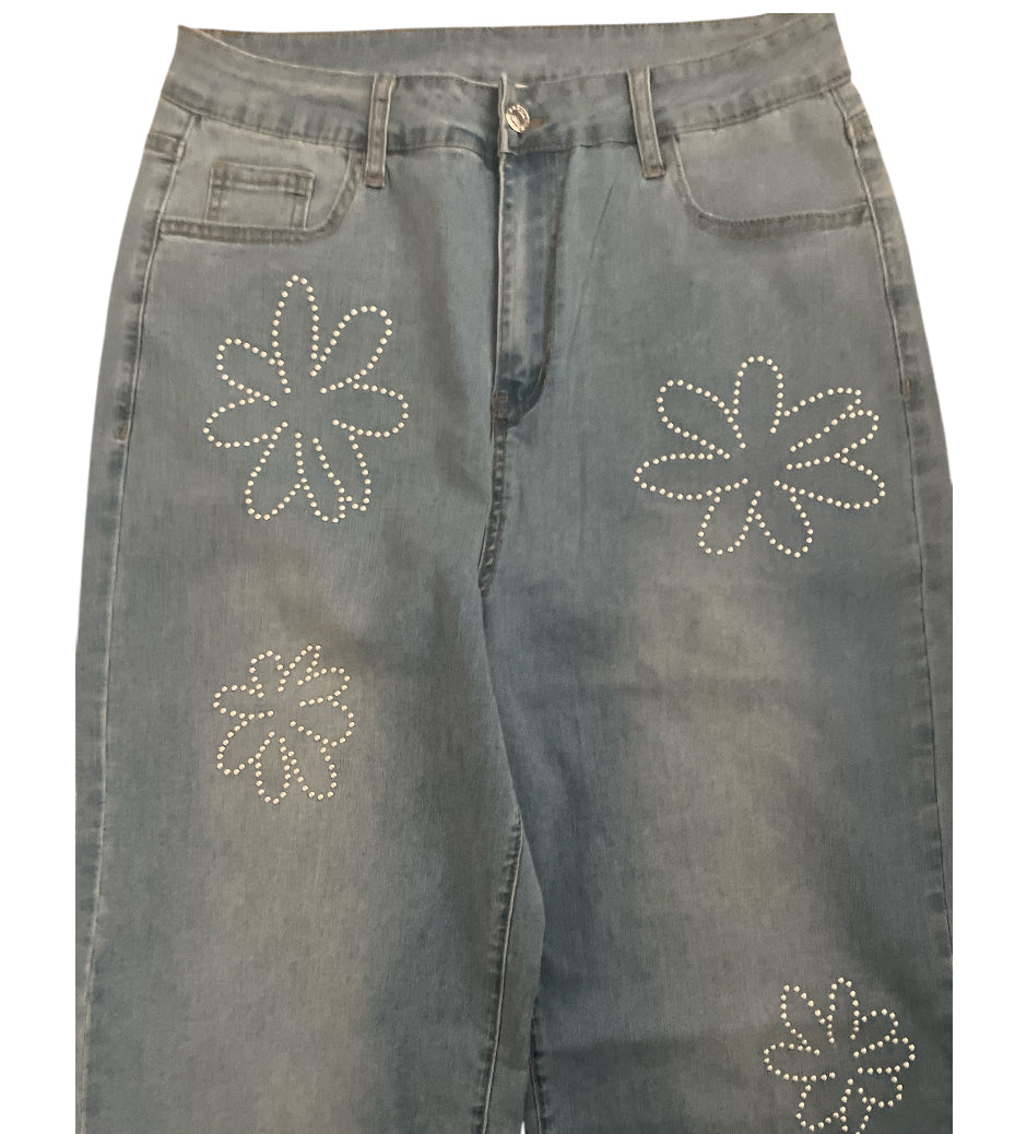 Tris Chic Light Blue Floral Rhinestone Decor High Rise Wide Leg Jeans (X-Large)