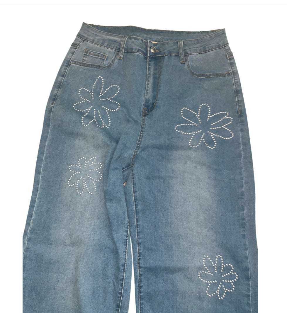 Tris Chic Light Blue Floral Rhinestone Decor High Rise Wide Leg Jeans (X-Large)