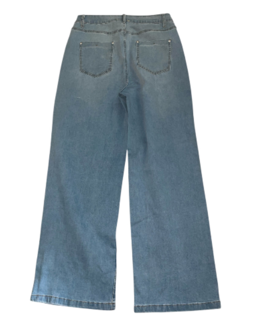 Tris Chic Light Blue Floral Rhinestone Decor High Rise Wide Leg Jeans (X-Large)