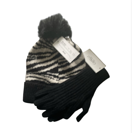 Capelli New York Zebra Print Knit Beanie Hat with Pom and Matching Gloves Set