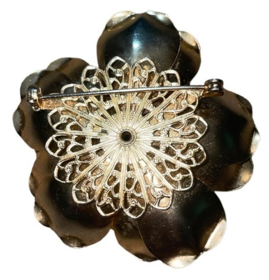 Vintage Gold Flower Brooch with Jade