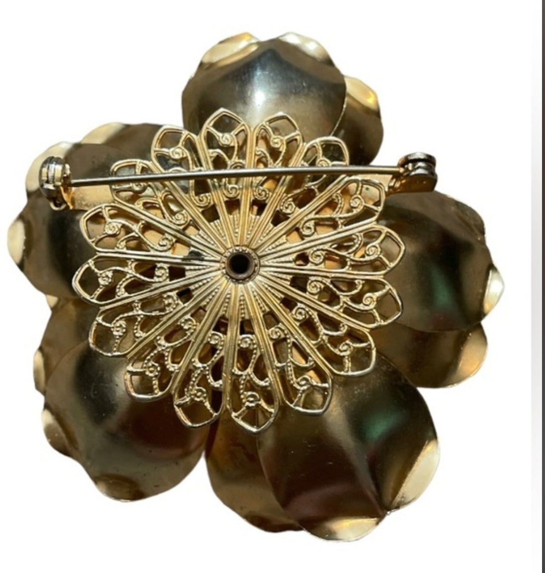 Vintage Gold Flower Brooch with Jade
