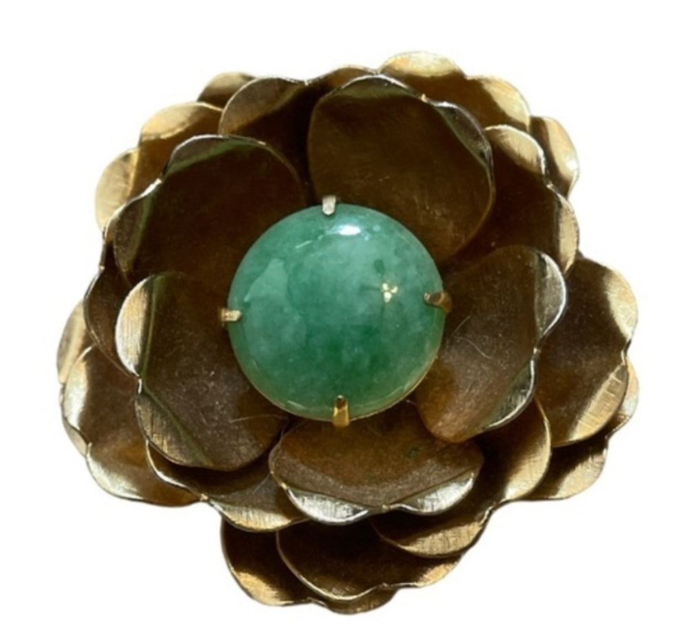 Vintage Gold Flower Brooch with Jade