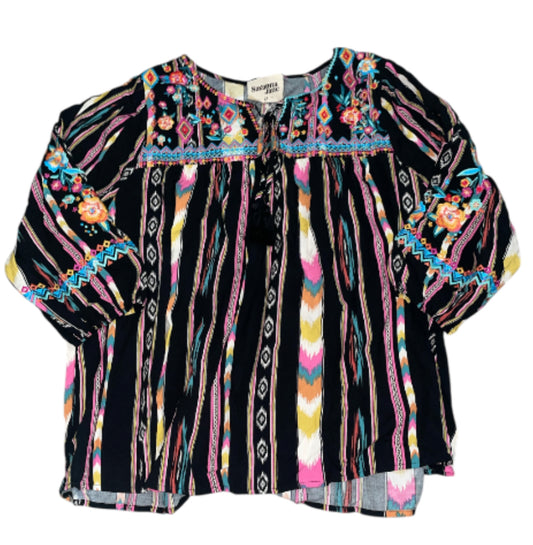 Savanna Jane Black Embroidered Top with Bell Sleeves and a Striped Pattern.(2x)