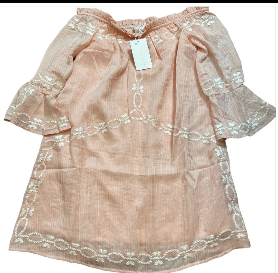 Anthropologie Foxiedox Pink Off Shoulder Blouse with Cream Embroidery (Small)