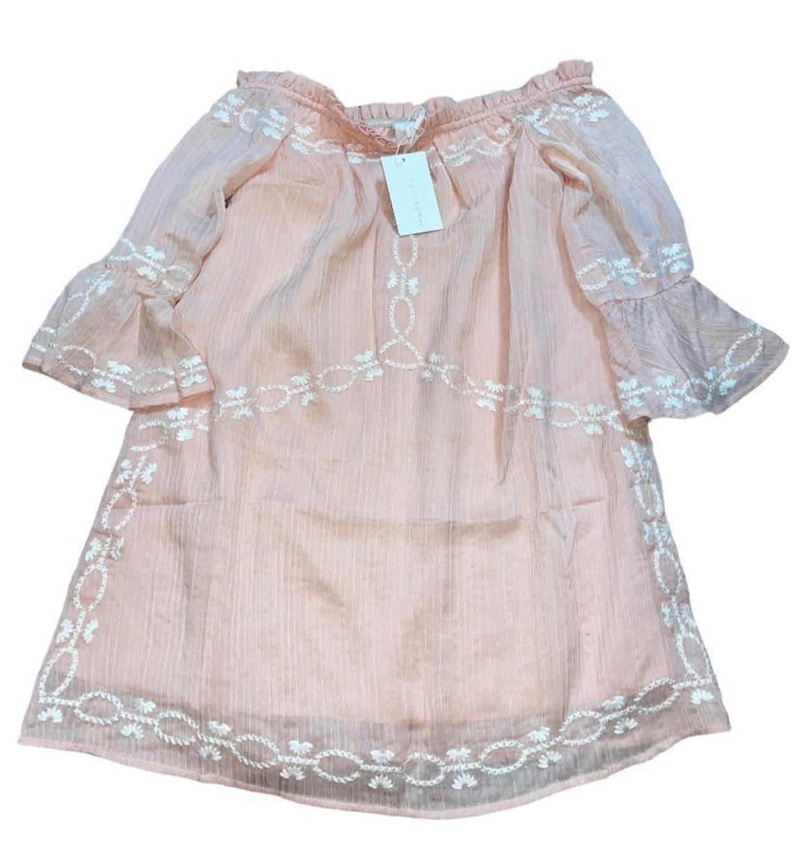 Anthropologie Foxiedox Pink Off Shoulder Blouse with Cream Embroidery (Small)