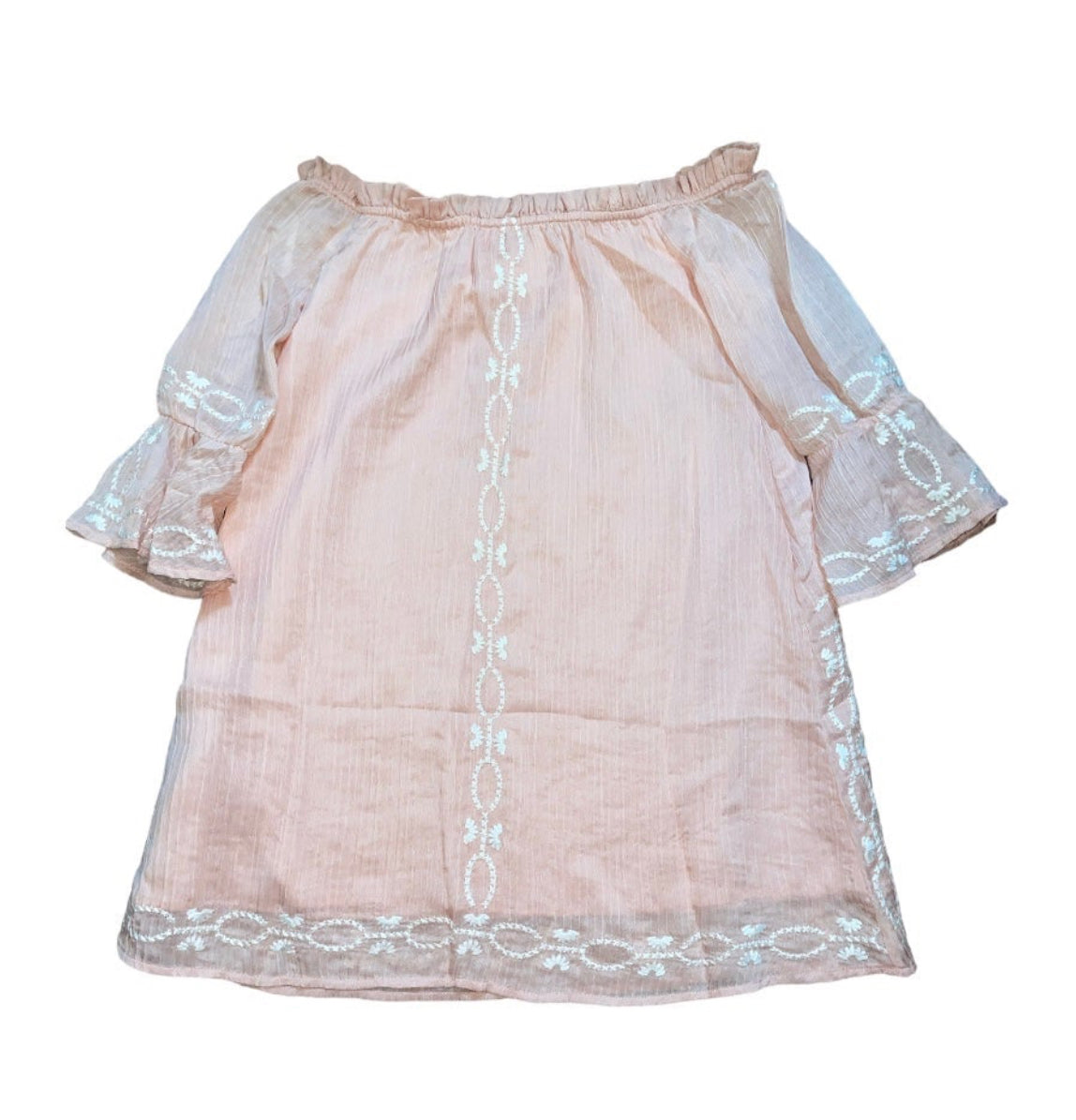 Anthropologie Foxiedox Pink Off Shoulder Blouse with Cream Embroidery (Small)