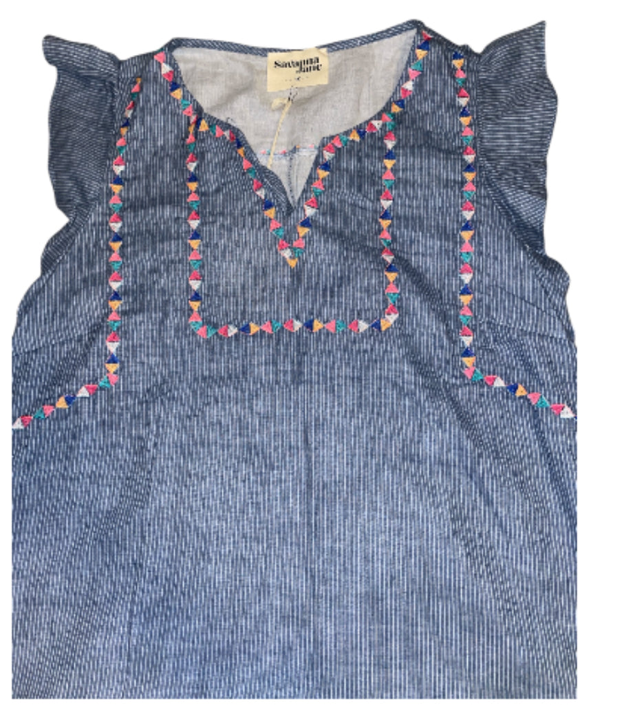 Savanna Jane embroidered top with a blue and white pinstripe pattern (1x)