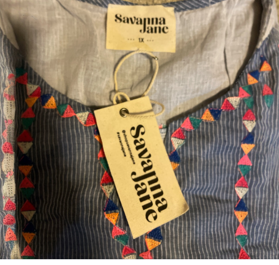 Savanna Jane embroidered top with a blue and white pinstripe pattern (1x)