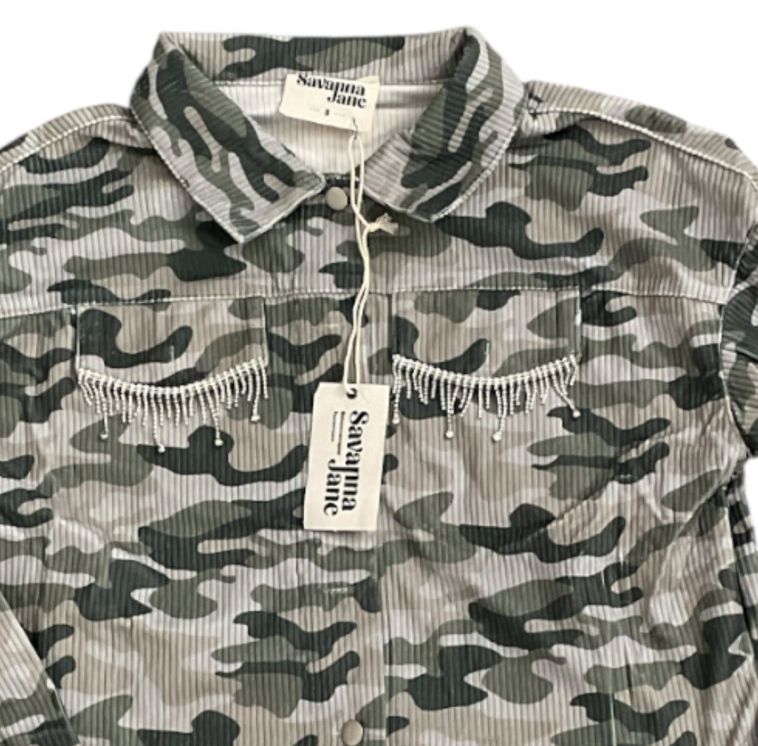 Savanna Jane Camouflage Corduroy Jacket with Rhinestone Fringe (small)