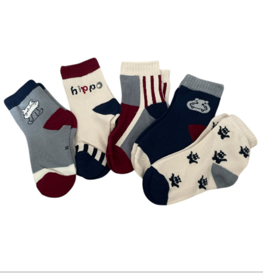 Assorted Socks 5 pairs Hippos and Stripes